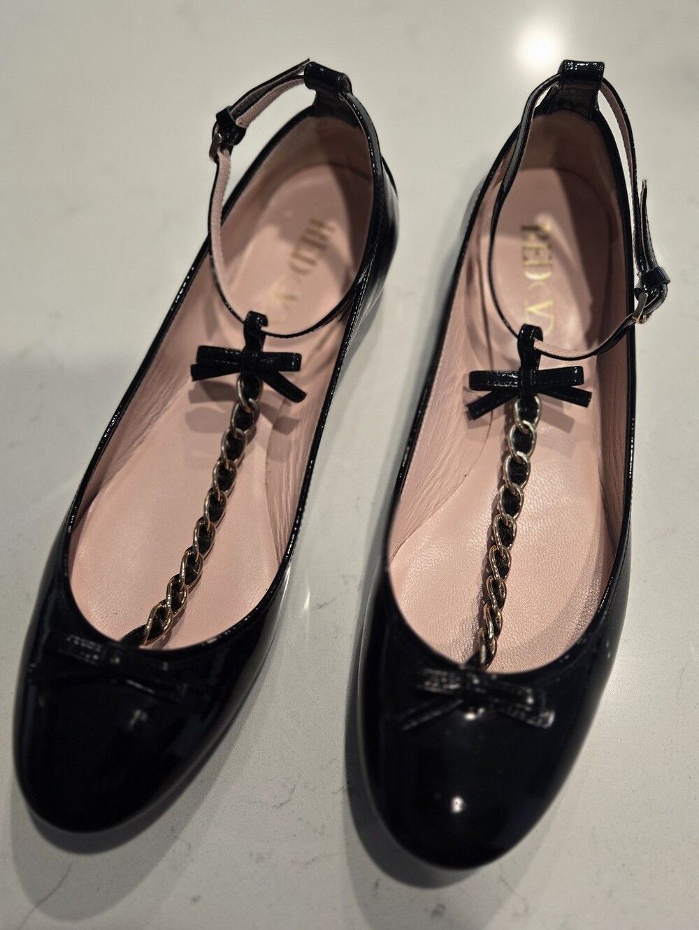 NWOT - REDValentino Black Patent Leather Chain T-Strap Ballet Flats Size 40